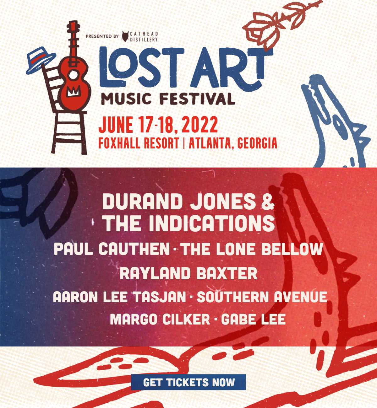 Festival logo, date, location, lineup plus wolf, rose, guitar, hat, chair